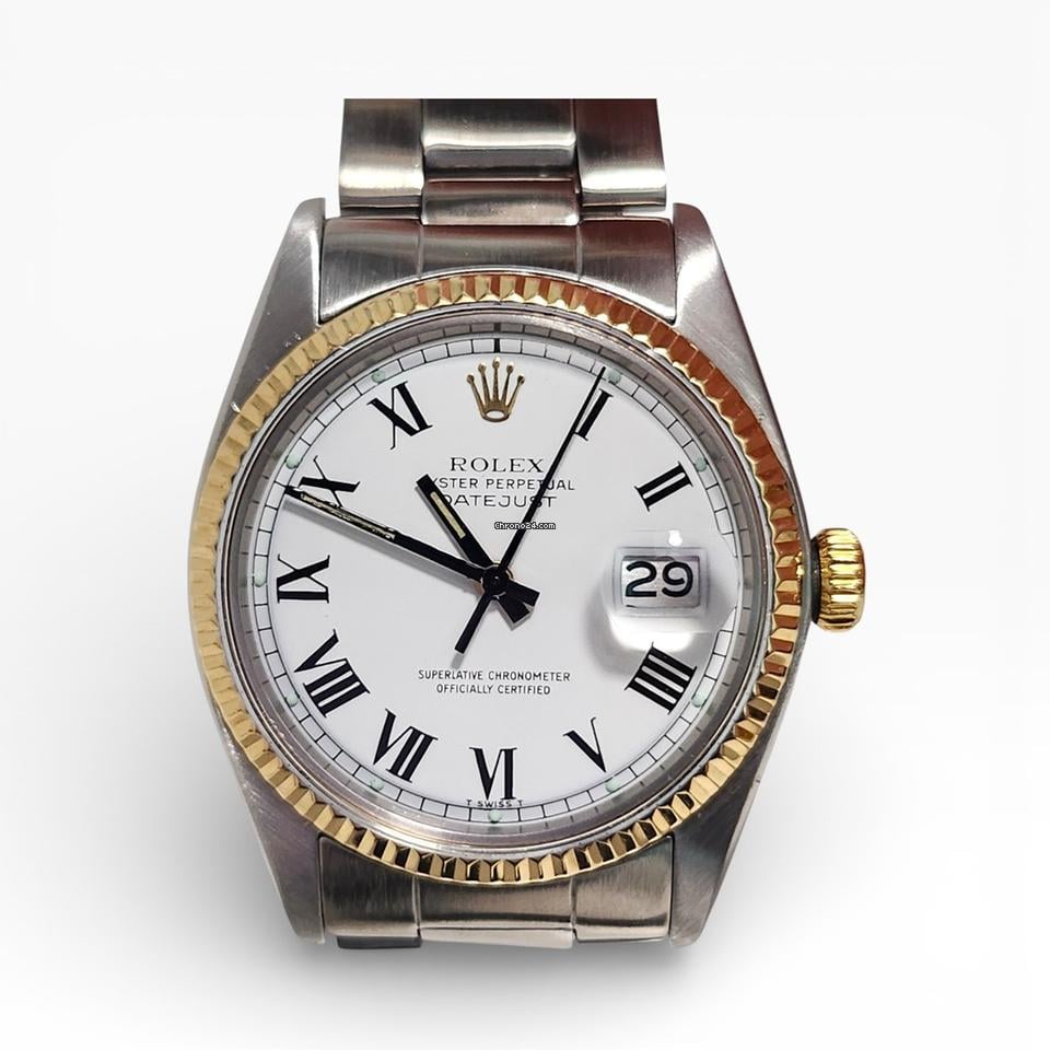 Rolex Datejust 36 mm Two Tone White Roman Buckley Dial Watch 1600 Circa 1975