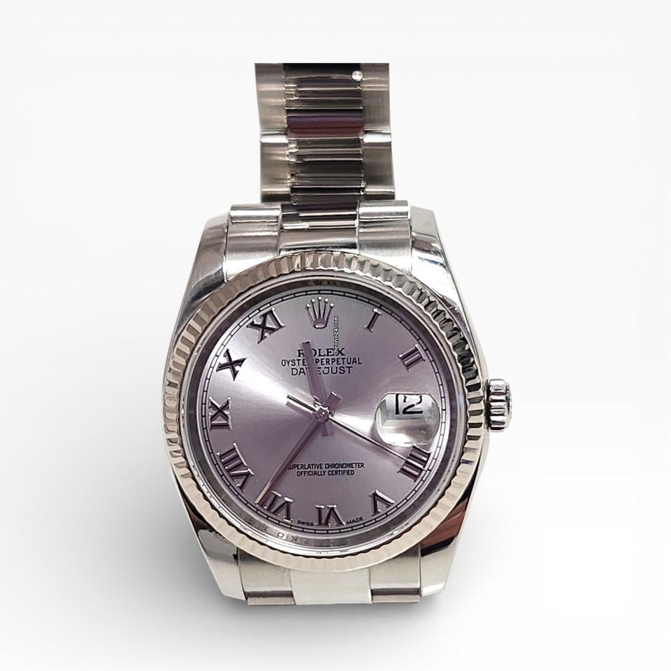 Rolex Datejust 36 mm Steel 18K White Gold Bezel Silver Roman Oyster Watch 116234
