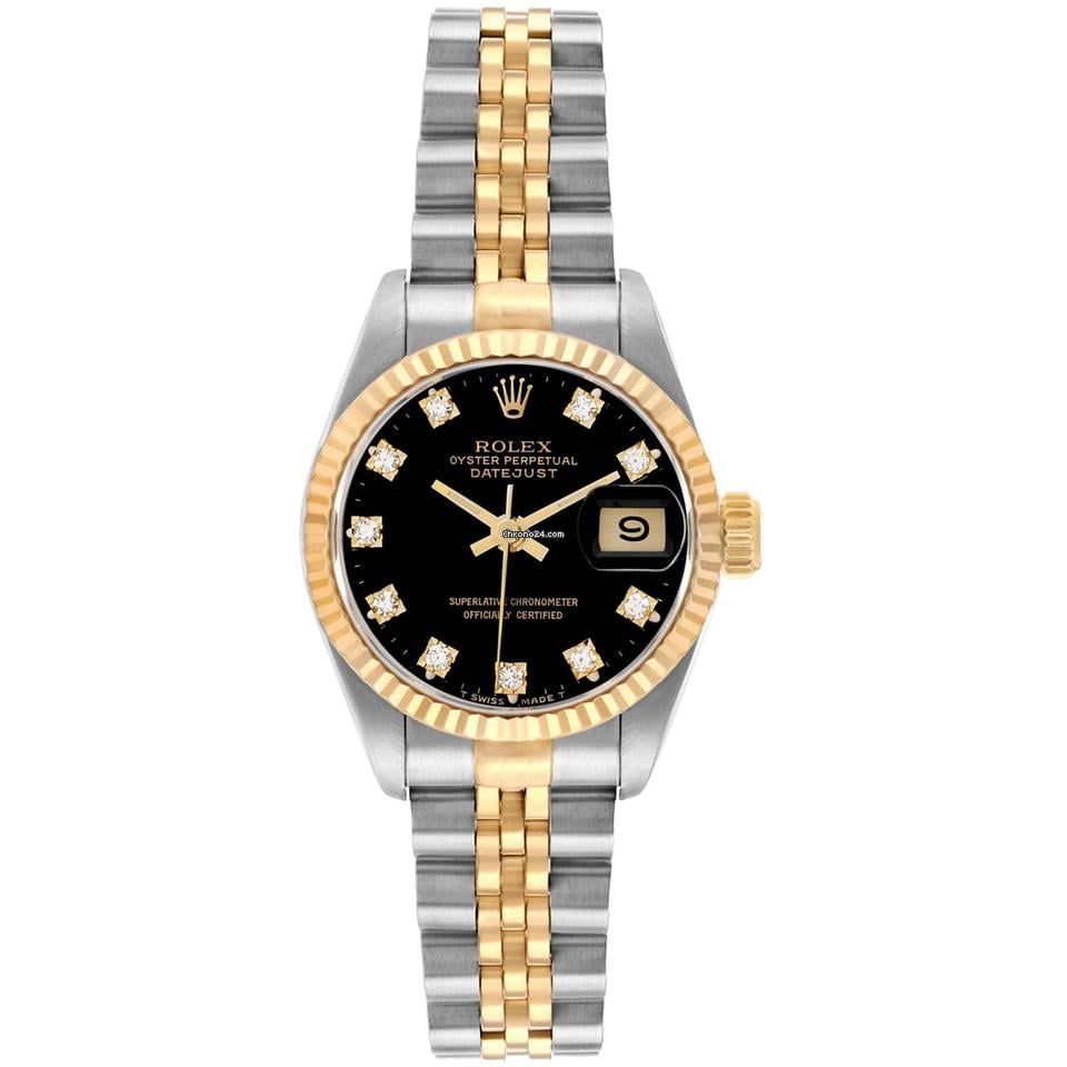Rolex Lady-Datejust 26mm Yellow Gold Steel Diamond Black Dial Watch 69173