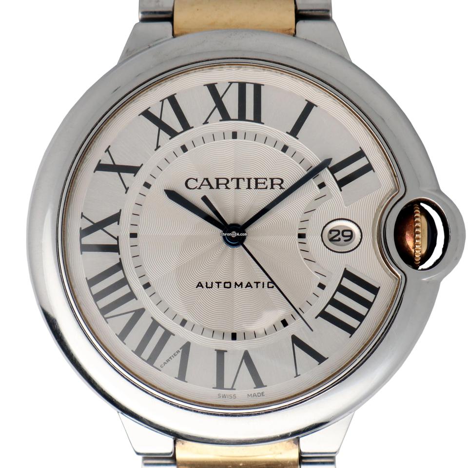 Cartier Ballon Bleu 42mm 18k Gold Steel Silver Dial Mens Automatic Watch 3001