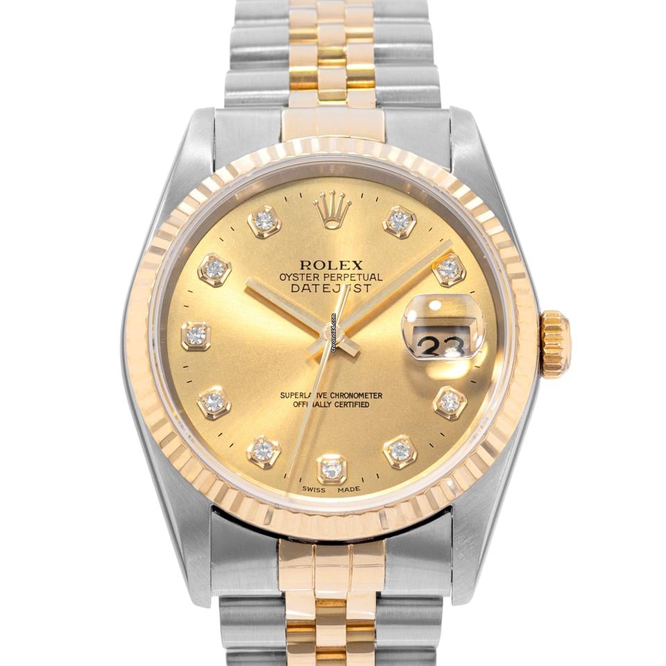 Rolex Datejust 36 16233 Diamond Champagne Steel 18k Yellow Gold Mens Watch 2000