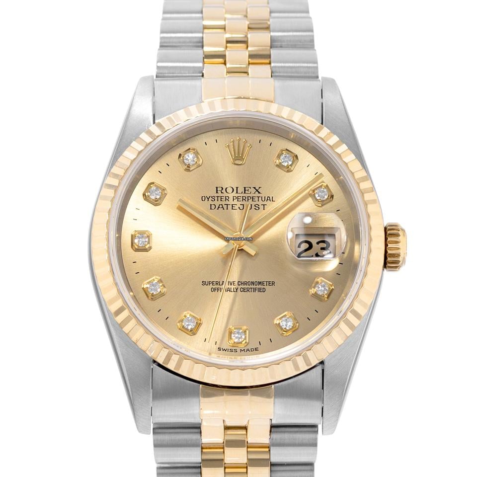 Rolex Datejust 36 16233 Champagne Diamond Steel 18k Yellow Gold Mens Watch 1996