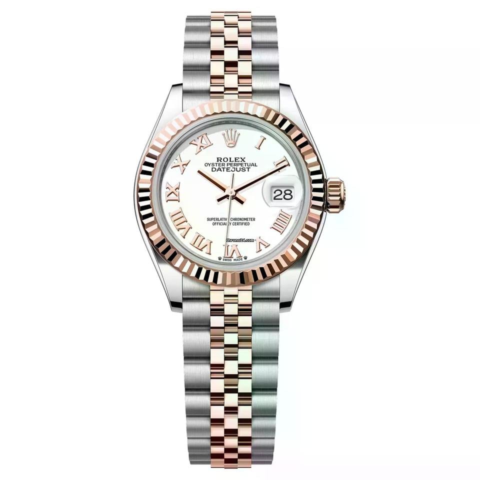 Rolex Lady-Datejust 279171-0021 28 MM Fluted Bezel White Roman Dial Jubilee Bracelet Watch