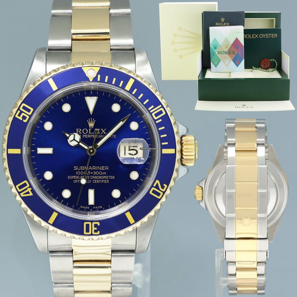 Rolex MINT 2001 PAPERS Rolex Submariner 16613 Gold Steel Two Tone Gold Sunburst Blue Watch